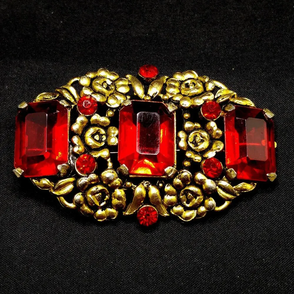 Art Nouveau Red Glass Floral Brooch, Three Red Emerald Cut Stones, 1930s Vintage